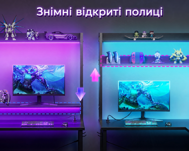 Ігровий стіл ODK L-подібний з LED-підсвіткою, 2 розетками та 2 USB-портами, кутовий письмовий стіл 150×120 см, чорний, із полицею та стелажем для зберігання