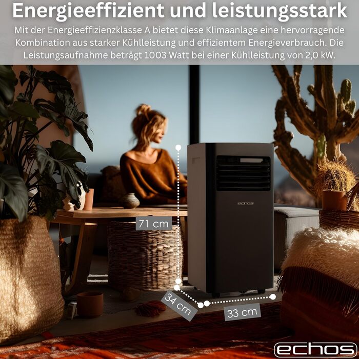 Мобільний кондиціонер Echos 9000 BTU з Wi-Fi, пультом та таймером 24 год – охолодження, осушення, вентиляція