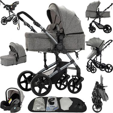 Дитяча коляска 3 в 1, Buggy з двома реверсивними ручками, алюмінієвий каркас, комбінована коляска 3 в 1, комплект, складна конструкція (588 Grey)