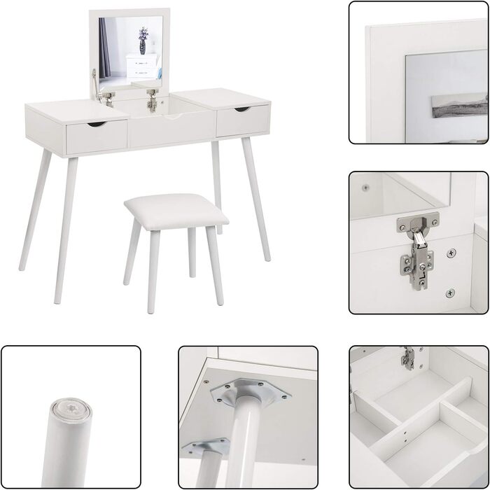 Туалетний столик EUGAD з дзеркалом і пуфом, білий, 100x40x75 см, з двома шухлядами, відкидним дзеркалом і великою стільницею, косметичний стіл-письмовий стіл