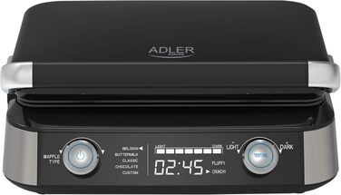 Професійна вафельниця ADLER EUROPE для бельгійських вафель з LCD-дисплеєм, 2400 Вт, 5 програм та 7 рівнів просмаження, глибокі пластини 12x13x2 см