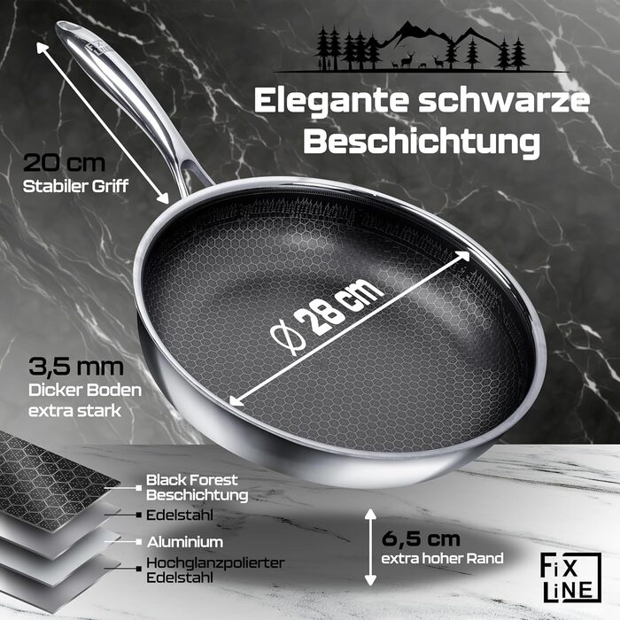 Сковорода FIXLINE 28 см Black Forest, антипригарна, високі борти 6,5 см, для всіх типів плит та індукції, підходить для духовки до 230°C, ідеально для подарунка