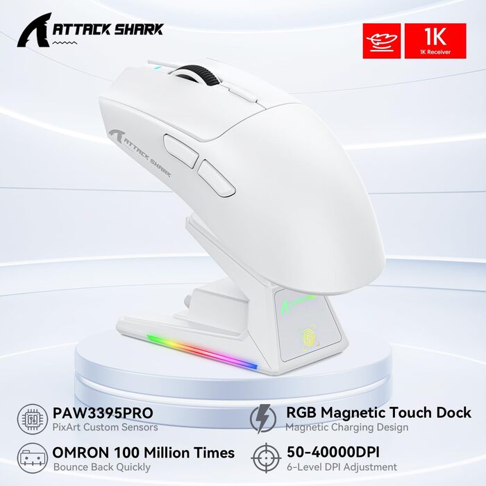 Ігрова миша Attack Shark X1 White: бездротова (BT/2.4G) та дротова, сенсор PixArt PAW3395PRO, 40000 DPI, вага 53г, з RGB док-станцією для зарядки, для Win11/Xbox/PS/Mac