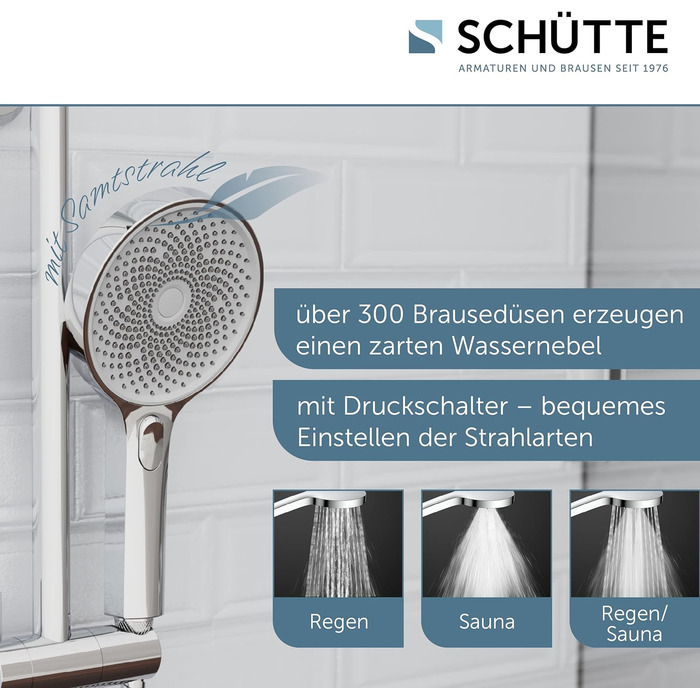 Ручний душ SCHÜTTE SAMOA RAIN з технологією м'якого струменя, 3 режими, антикальцієвий, 300 форсунок, білий, для душу