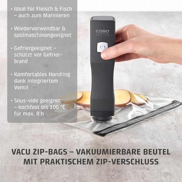 Акумуляторний вакууматор CASO Vacu OneTouch Eco-Set з 3 скляними контейнерами, 10 ZIP-пакетами та стікерами Food Manager, чорний