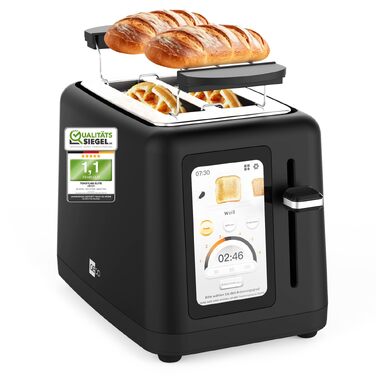 Тостер aeco toastlab Elite 2-слотовий з підставкою для булочок, широкі слоти, 6 рівнів підсмажування, 10 програм, 850W, LCD-дисплей, функція підняття, розморожування, піддон для крихт