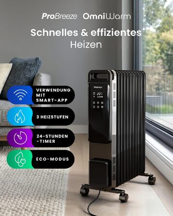 Розумний електричний масляний радіатор Pro Breeze 2500W, 11 секцій, з керуванням через Wi-Fi (Smart App), таймером на 24г, термостатом та сенсорним дисплеєм, чорний