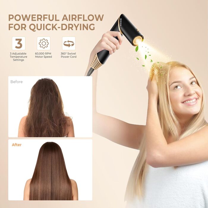 UKLISS 5-в-1 Airstyler Фен-щітка для укладки волосся з насадками (чорний) - професійний фен, стайлер, випрямляч, кругла щітка для волосся 60000 об/хв