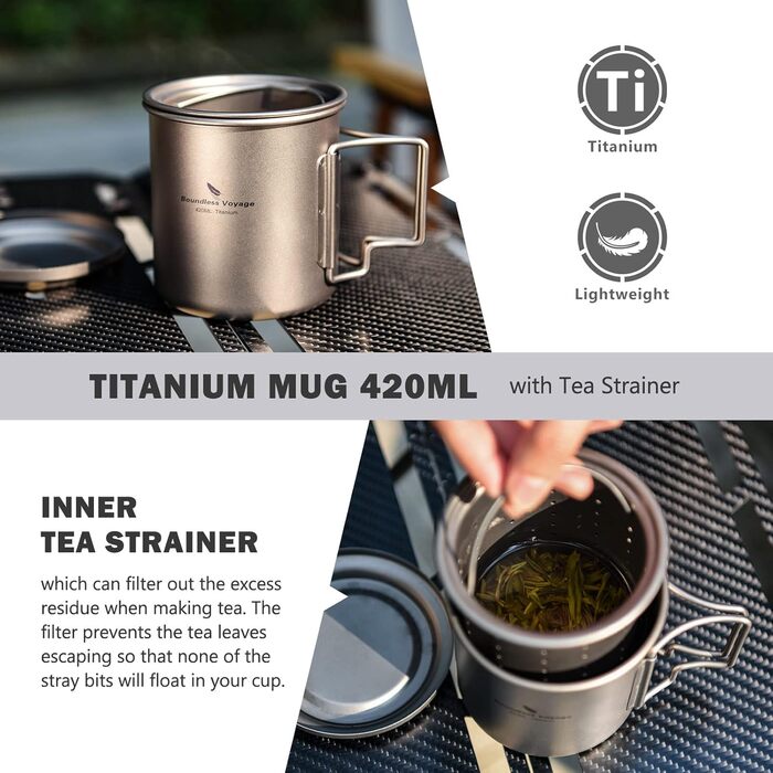 iBasingo чашка Titan 420мл з ситечком для чаю та кришкою. Легка туристична чашка з фільтром, для кемпінгу, подорожей, пікніків. Модель Ti3054D