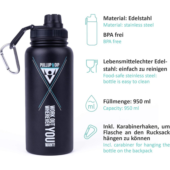 PULLUP & DIP Спортивна термос пляшка з нержавіючої сталі 950 мл, BPA-free, подвійні стінки, для спорту, фітнесу, туризму, герметична, з карабіном