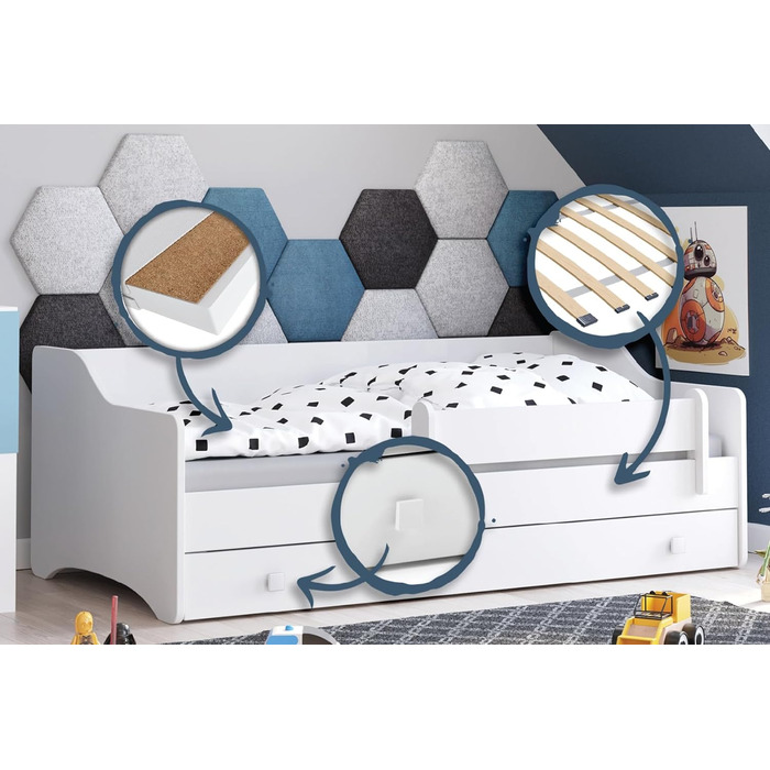 Дитяче ліжко Kids Collective 80x180 см з матрацом, захистом від падіння, висувною шухлядою, трансформується в диван, біле