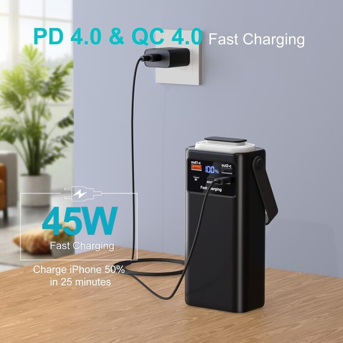 Портативний зарядний акумулятор 60000mAh 45W з LED-дисплеєм та ліхтариком, 7 виходів, чорний. Powerbank для кемпінгу та подорожей