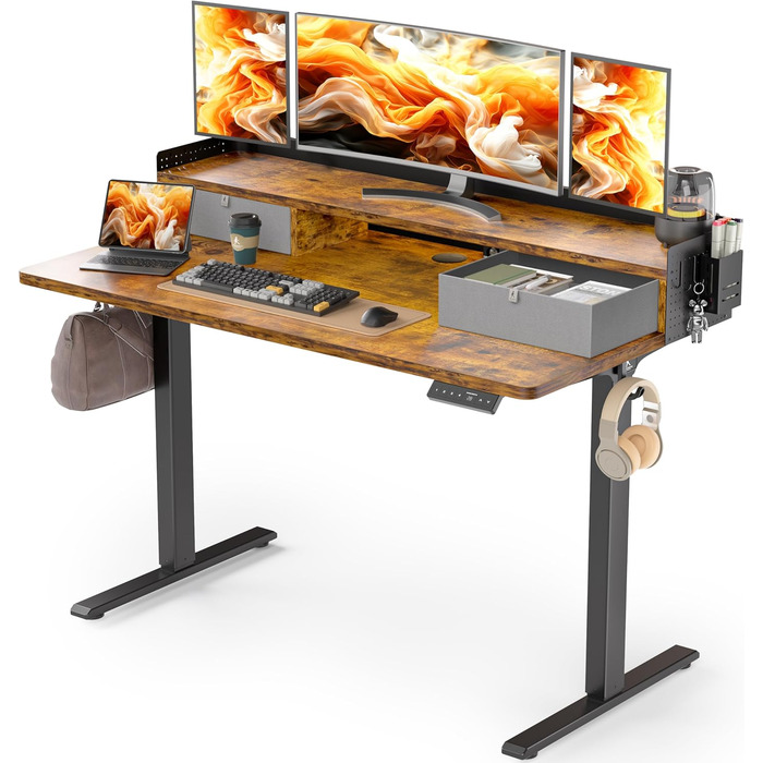 Електричний стіл WALKINGDESK з регулюванням висоти, 2 шухляди, 121,9x61 см, ергономічний робочий стіл для дому, з полицею, тримачем для ручок, гачком, рустикальний коричневий