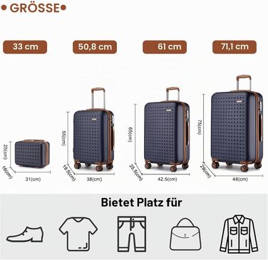 Набір дорожніх валіз KONO з жорстким корпусом ABS, 4 шт. (Beauty Case, S, M, L), синій колір, кофре з кодуванням та 4 колесамими