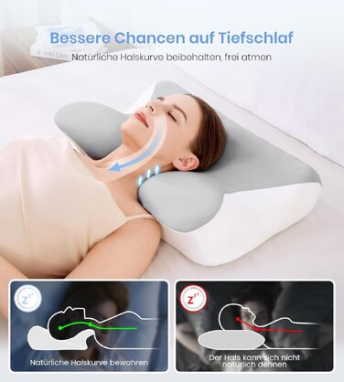 Ортопедична подушка з піни Memory Foam 2-в-1, 60x41.5x10/12 см, біла/сіра - для сну на боці, спині, животі