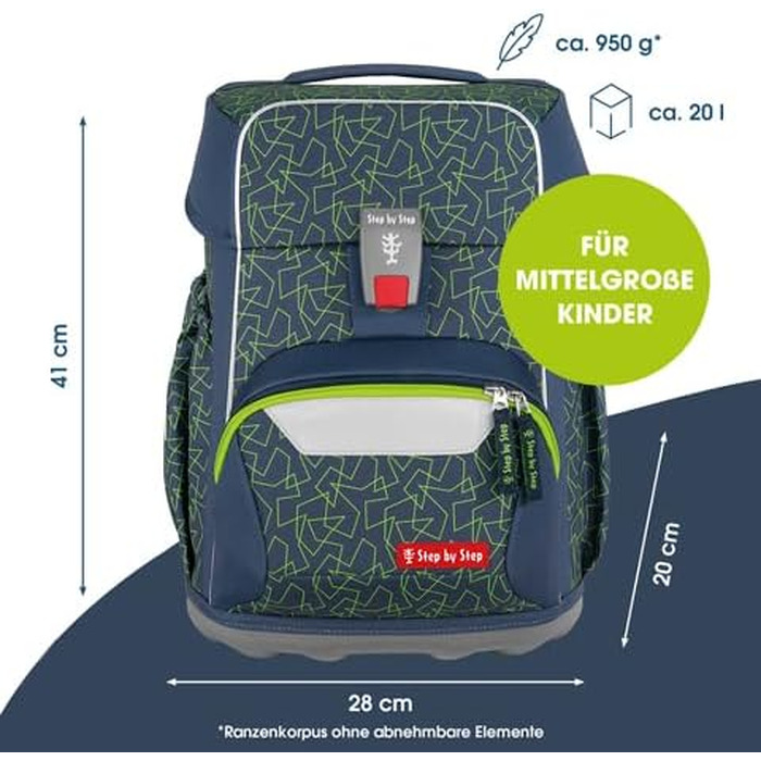 Ергономічний шкільний рюкзак Step by Step BASIS Schulranzen-Set, 4-в-1, для дітей 1 класу, 20 л, з рефлекторами та ременями (Green Geometrics)