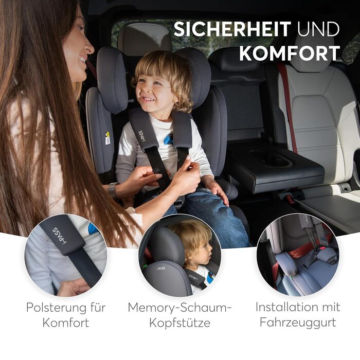 Автокрісло KikkaBoo i-PASS 9-36 кг, i-Size, Армійський зелений, для дітей 1-12 років (76-150 см), з регульованим підголівником