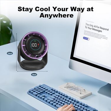 Вентилятор настільний Rintea акумуляторний USB, 10 швидкостей, з функцією пам'яті, LED-дисплей, поворотний 105°, підвісний, сірий - для офісу, спальні, кухні, кемпінгу