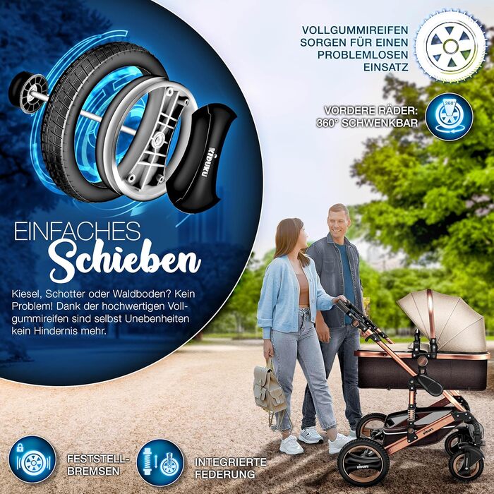 Дитяча коляска KIDUKU® 3 в 1 XXL Комплект | Комбінована коляска з люлькою, візком та автокріслом, комплект включає: люльку, візок, автокрісло, підніжка для ніг, сумка для пеленання, грілки для рук, дощовик, столик для дитини, гумові колеса, ECE R129, Колі