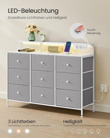 SONGMICS Комод з 9 висувними ящиками та LED-підсвічуванням, з розеткою, сталевий каркас, 33,5 x 114 x 84 см, для спальні/вітальні (Таунгrau)