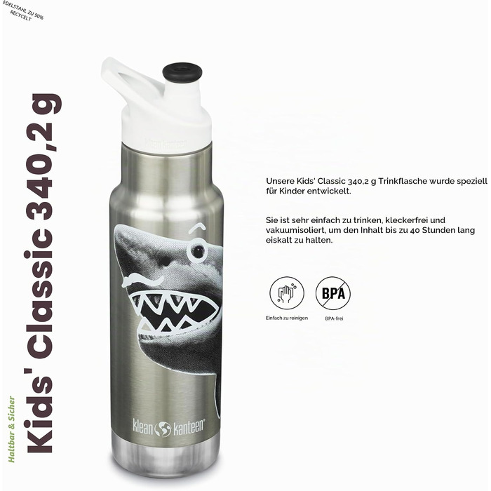 Спортивна пляшка для води Klean Kanteen Classic Sport (355 мл, Mr. Shark) — унісекс