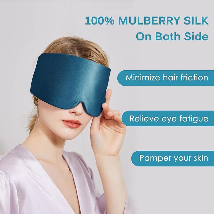 OLESILK маска для сну з 100% шовку, регульована, для чоловіків і жінок, велика маска для очей для сну, подорожей і відпочинку, павиний синій