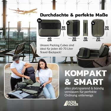 Набір компресійних органайзерів для одягу BACK&PACKER® (6 предметів), дорожні пакувальні куби з переробленого матеріалу для валізи та рюкзака, включаючи мішок для вологих речей (Оливковий, стандартний набір)