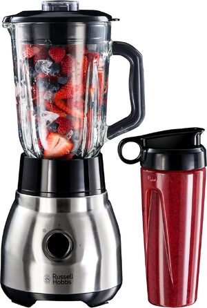 Блендер стаціонарний Russell Hobbs 2-в-1 зі скляною чашею 1.5л та міні-блендером для смузі 0.6л - подрібнювач льоду, BPA-free, нержавіюча сталь 23821-56