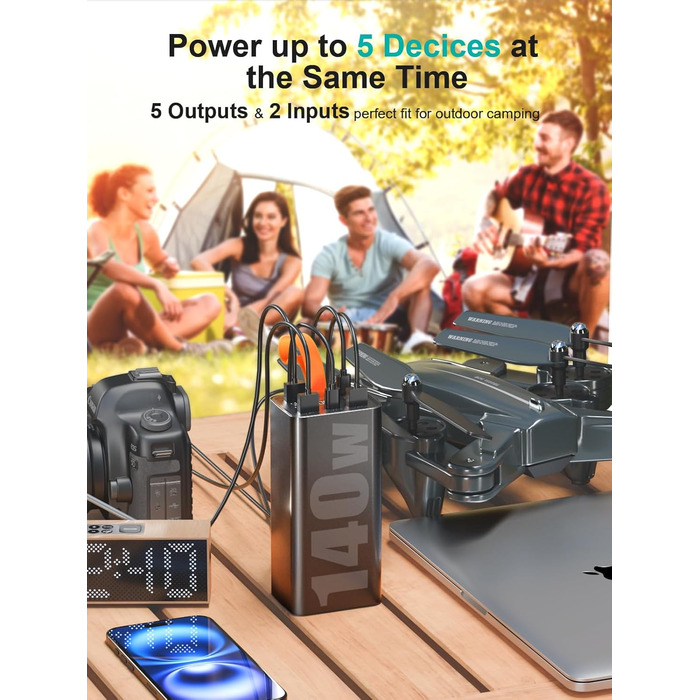 Портативний акумулятор 140W 70000mAh з 5 виходами USB-C, PD3.1, QC4.0, LED дисплеєм та ліхтариком. Чорний. Для ноутбука, телефону, планшета. Ідеально для подорожей, кемпінгу та активного відпочинку на природі.