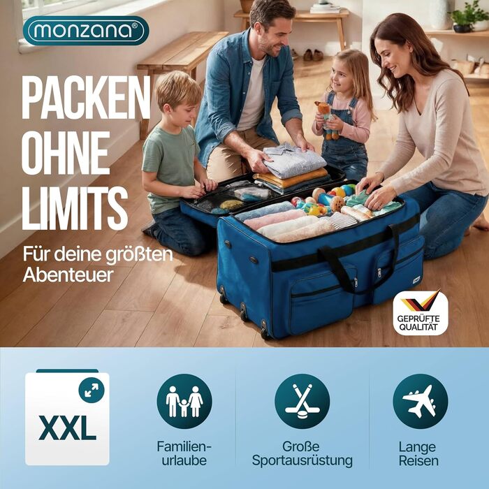 Дорожня сумка на колесах MONZANA XL 85л, сумка-тролей з телескопічною ручкою та підставками, м'який дорожній багаж (Темно-синій, 70x36x34см)