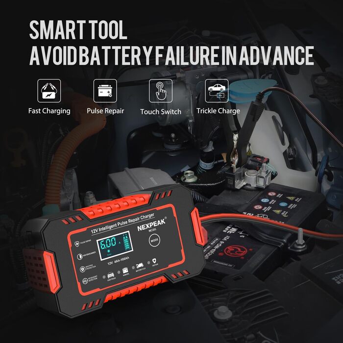 Зарядний пристрій для акумулятора 12V 6A, Smart, автоматичний, з температурною компенсацією, для авто, вантажівок, мотоциклів, газонокосарок, човнів, морських акумуляторів, червоний
