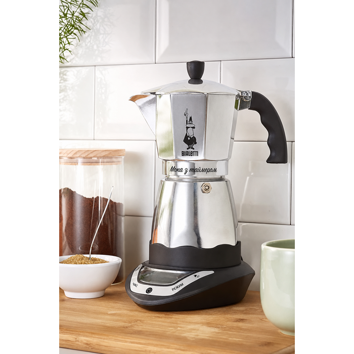 Електрична кавоварка Bialetti Moka з таймером, 6 чашок, 365 Вт, сріблясто-чорна