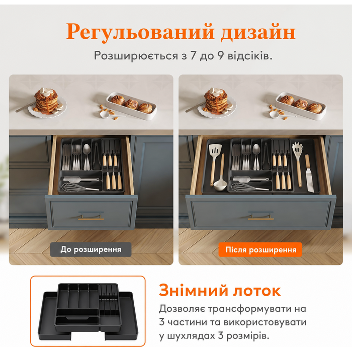 Лоток Lifewit розширюваний з блоком ножів Sem регульований для столових приборів, чорний пластик
