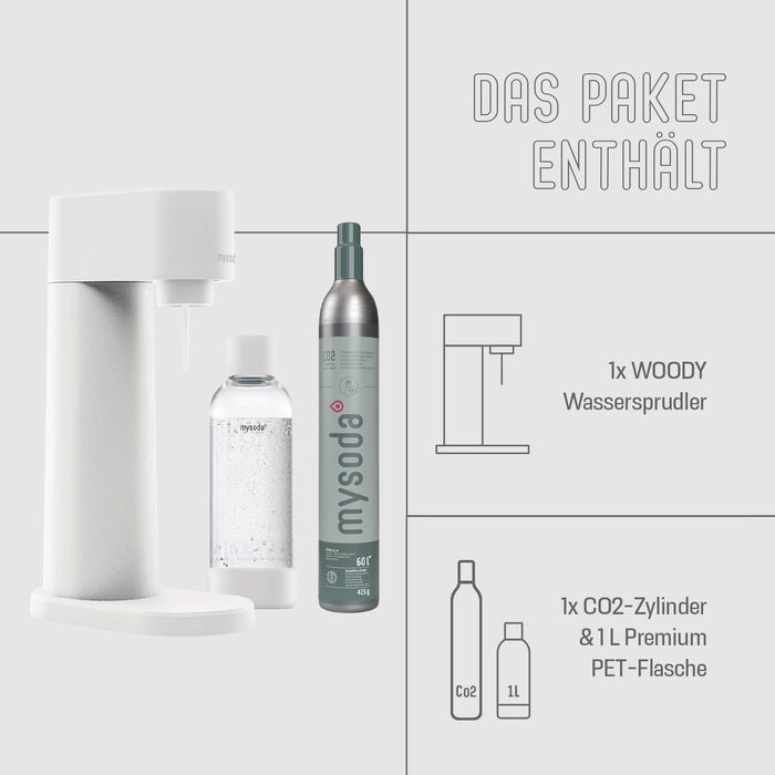 Сифон для газування води Mysoda Woody Set, корпус із відновленого дерева, пляшка Quick-Lock 1 л (BPA-free) та циліндр CO2, білий