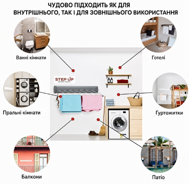 Настінна розсувна сушарка для білизни Step Up, складна, для дому та вулиці, компактний дизайн, витримує до 25 кг, довжина 6 м, індустріальний сірий, 100 см