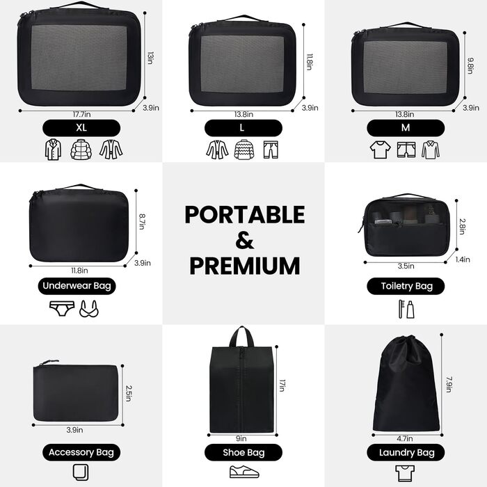 Набір органайзерів для валізи Packing Cubes (8 предметів), легкі дорожні сумки-вставки для одягу та аксесуарів, чорні