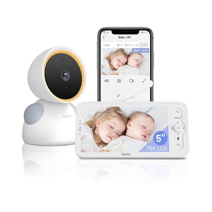 Відеоняня ARENTI D3 з 2K/3MP камерою та додатком, 5-дюймовий WiFi монітор, PTZ поворот 355°, автоматичне відстеження, датчик температури та вологості, нічний режим, підтримка Alexa