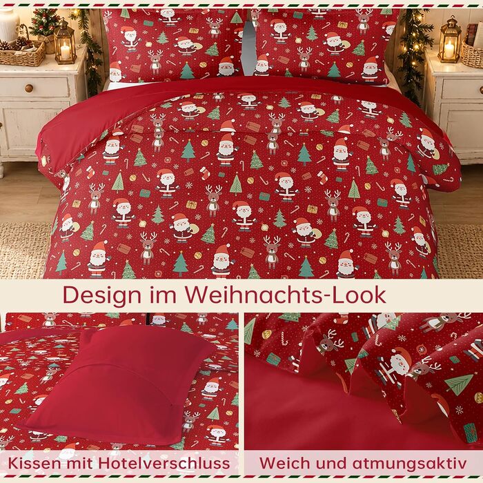 Комплект новорічної постільної білизни WONGS BEDDING з Санта-Клаусом, м'яка мікрофібра, 2 предмети (підковдра 135x200 см, наволочка 80x80 см), червоний