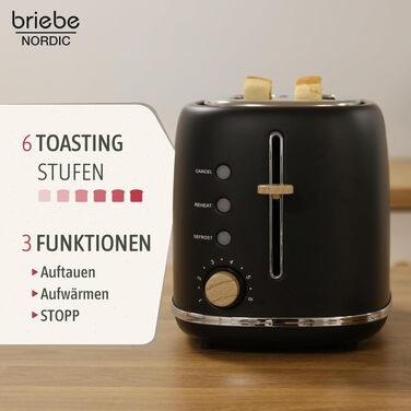 Тостер Briebe Nordic Set 2-слотовий з широкими прорізами, підставка для булочок, 6 режимів + Електричний чайник 1.7л 2200Вт, швидке нагрівання, без BPA, набір для сніданку, чорний