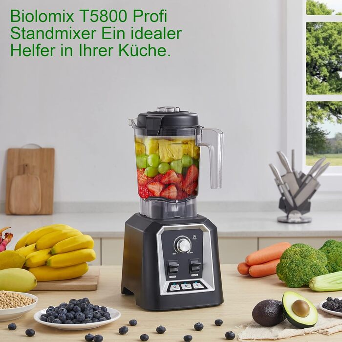 Потужний блендер BioloMix 2200Вт з функцією самоочищення, вбудованим таймером і безпечним 2-літровим BPA-free контейнером, стаціонарний міксер для смузі (T5800)