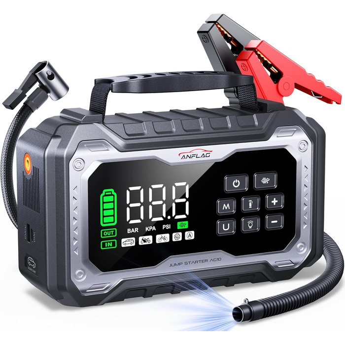 Пусковий пристрій (бустер) для авто 8000A з компресором 160 PSI та Powerbank, чорний