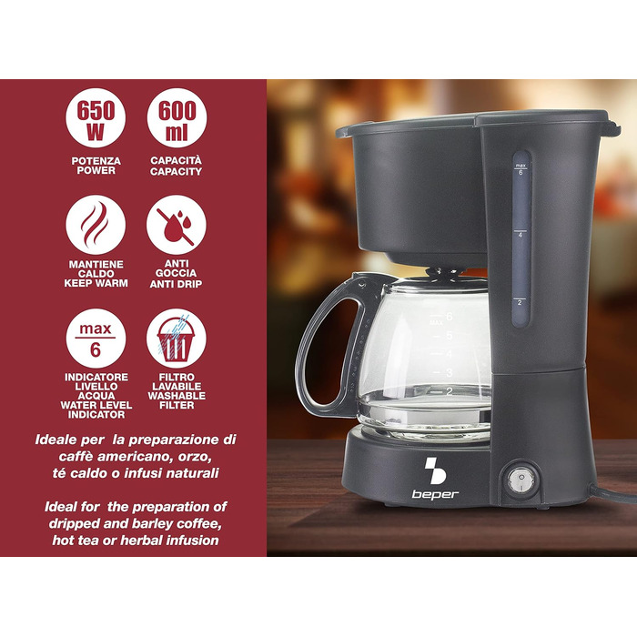 Кавоварка BEPER BC.060 Americano 600 мл, ABS, чорна