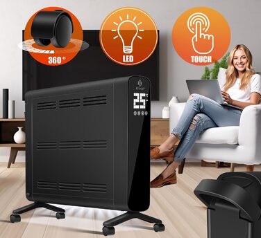 Електричний конвектор KESSER 1200/2400Вт, WiFi, термостат, таймер, сенсорний дисплей, економний, захист від перегріву, чорний