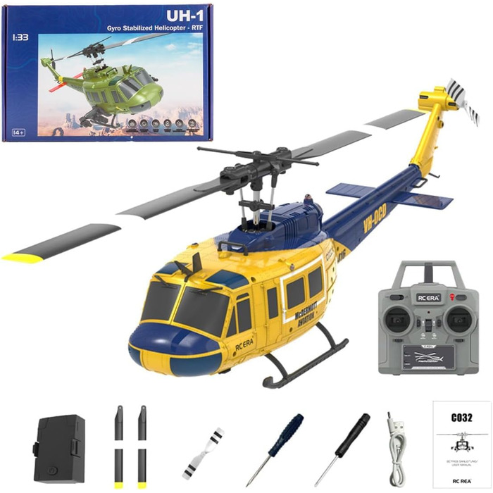 RC Гелікоптер ERA C032 UH-1 Huey, 1/48, 2.4G 6CH, Стабілізатор, Утримання висоти, 3D Дрон (Жовтий)
