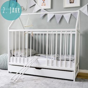 Дитяче ліжечко Kids Collective 60x120 см з матрацом і шухлядою, біле, дерев'яне, трансформер, регульоване дно, для немовлят