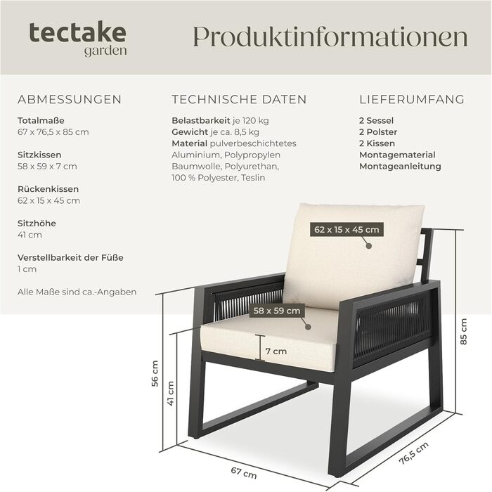 Набір садово-розкладних меблів tectake® Rope Design: 2 крісла, диван, стіл, подушки, для саду/балкону, 4 посадочні місця, вологостійкий, стиль 3