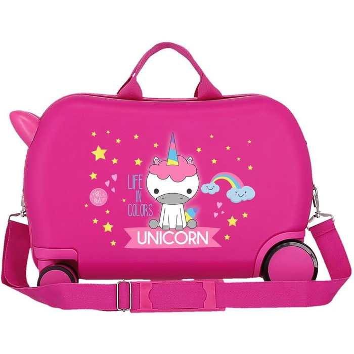 Дитяча валіза ROLL ROAD Little Me Unicorn, рожева, 45×31×20 см, жорсткий ABS-пластик, 24,6 л, 1,8 кг, 4 колеса, ручна поклажа, для дітей, єдиноріг
