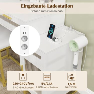 Туалетний столик COSTWAY з LED-підсвіткою, дзеркалом, зарядною станцією, шафкою для прикрас, табуретом, шухлядами, відкритими полицями та тримачем для фену, косметичний стіл, білий