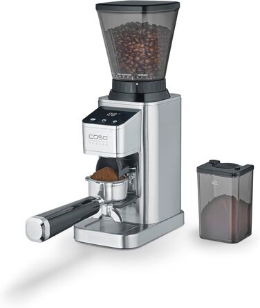 Електрична кавомолка CASO BaristaChef Inox з нержавіючої сталі, конічне жорно, 48 ступенів помолу, тримач для портафільтра, 450 об/хв, індивідуальне дозування