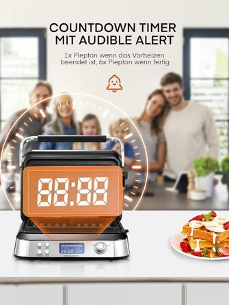 Електрична вафельниця 1600 Вт для бельгійських вафель, подвійна, 5 програм, 7 рівнів підсмажування, LCD дисплей, таймер, антипереливна система, глибокі пластини, срібляста